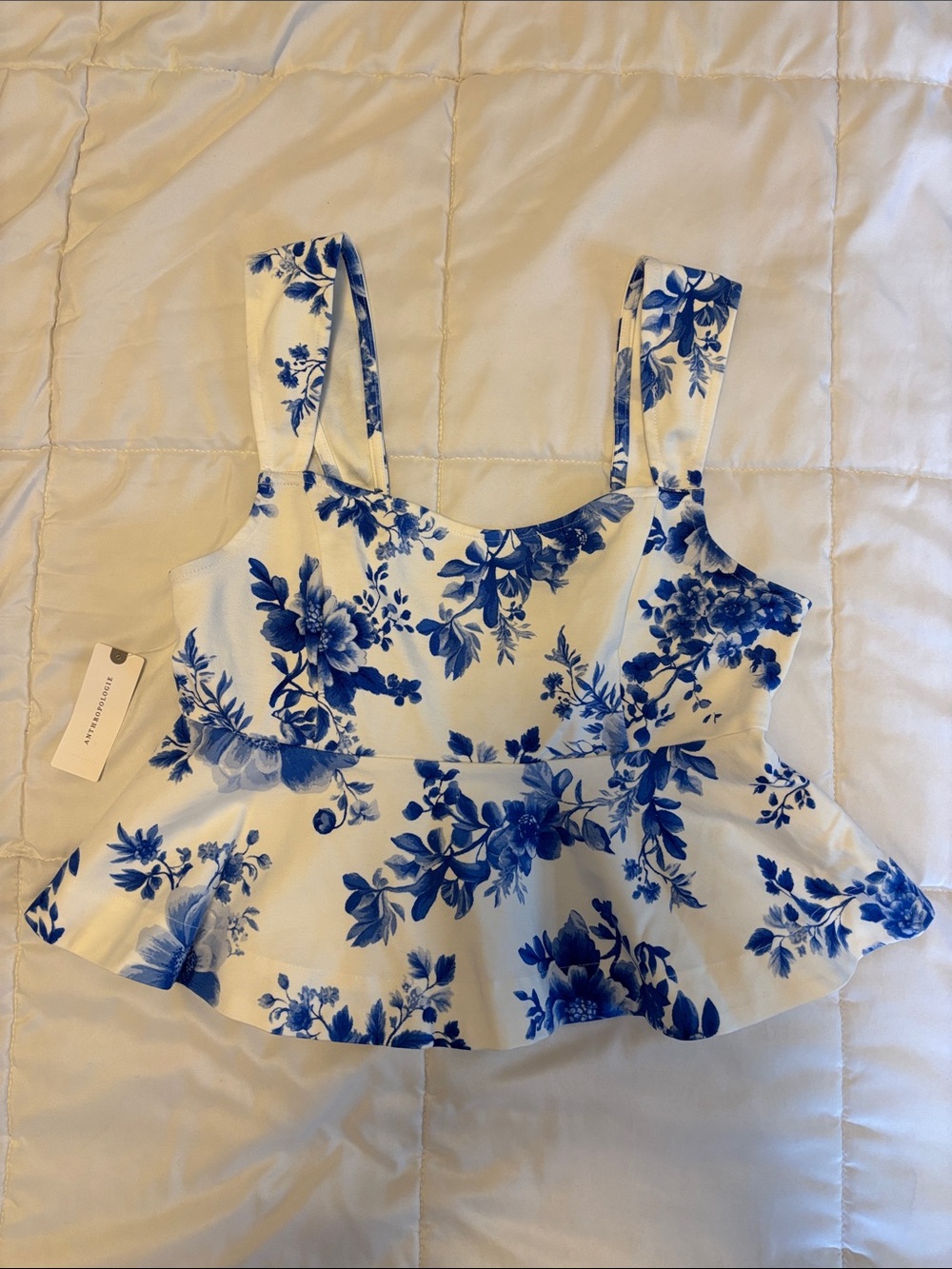 Anthropologie White and Blue Floral Peplum Camisole